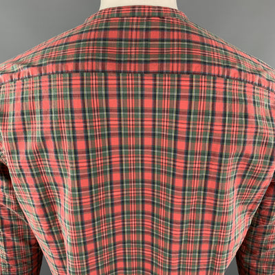 ONES STROKE Size XL Red Plaid Cotton Nehru Collar Long Sleeve Shirt