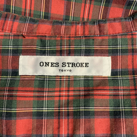 ONES STROKE Size XL Red Plaid Cotton Nehru Collar Long Sleeve Shirt