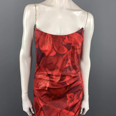 OSCAR DE LA RENTA Fall 2006 - US 8 Red Floral Silk Ruffle Back Gown Dress