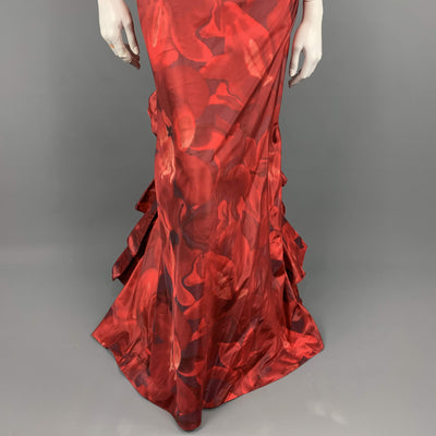 OSCAR DE LA RENTA Fall 2006 - US 8 Red Floral Silk Ruffle Back Gown Dress