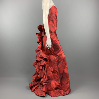 OSCAR DE LA RENTA Fall 2006 - US 8 Red Floral Silk Ruffle Back Gown Dress