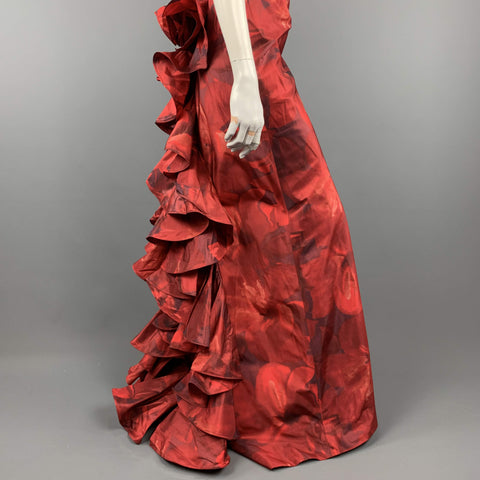 OSCAR DE LA RENTA Fall 2006 - US 8 Red Floral Silk Ruffle Back Gown Dress