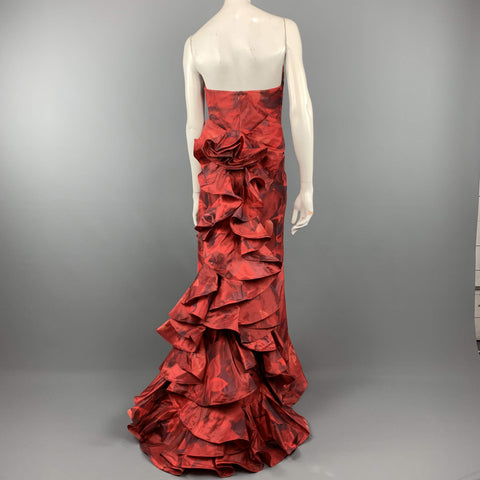 OSCAR DE LA RENTA Fall 2006 - US 8 Red Floral Silk Ruffle Back Gown Dress