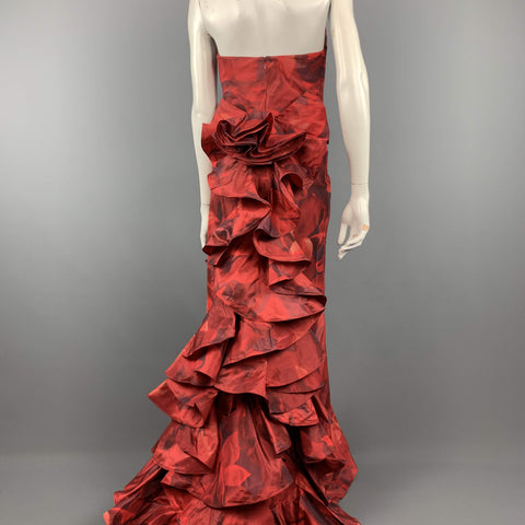 OSCAR DE LA RENTA Fall 2006 - US 8 Red Floral Silk Ruffle Back Gown Dress