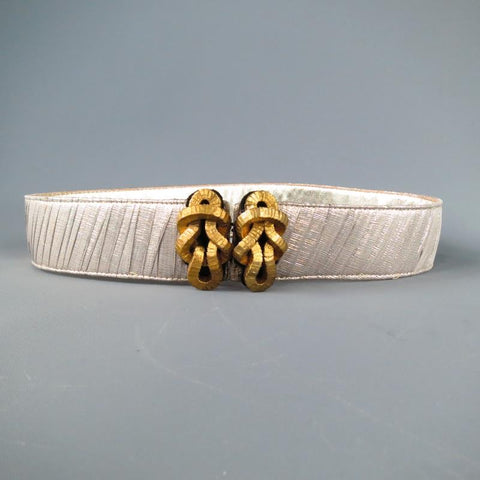 OSCAR DE LA RENTA Silver Metallic Tulle Gold Knot Buckle Leather Belt