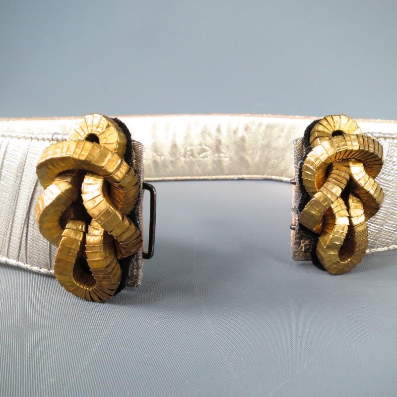 OSCAR DE LA RENTA Silver Metallic Tulle Gold Knot Buckle Leather Belt