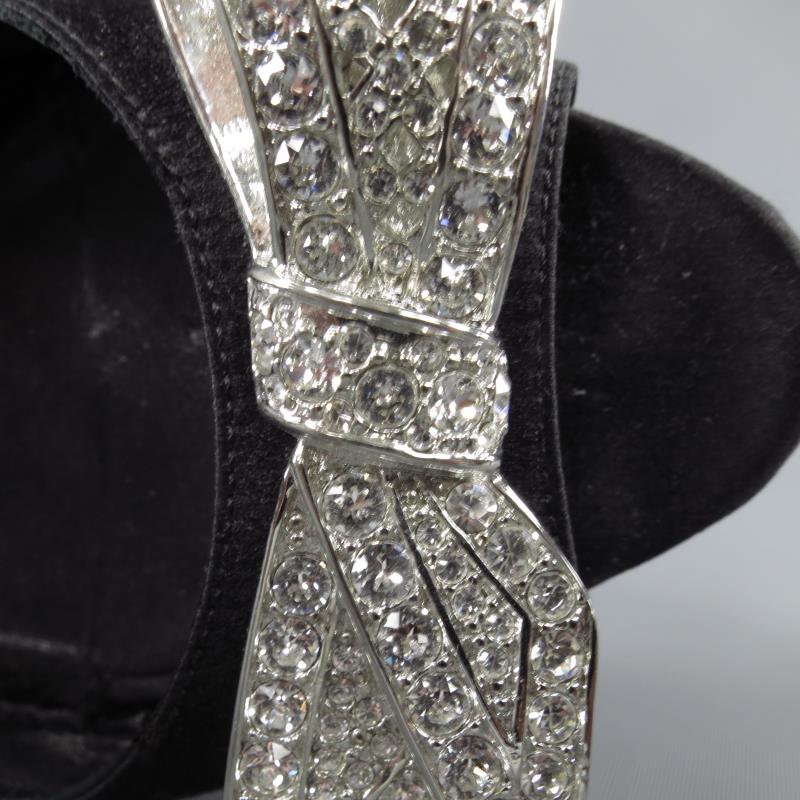 OSCAR DE LA RENTA Size 6.5 Black Silk Silver Crystal Bow D'Orsay Pumps