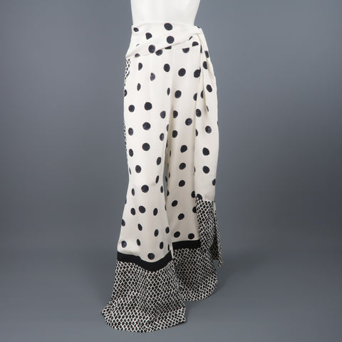 OSCAR DE LA RENTA Size 8 Cream & Black Mixed Print Silk Tie Wide Leg Dress Pants
