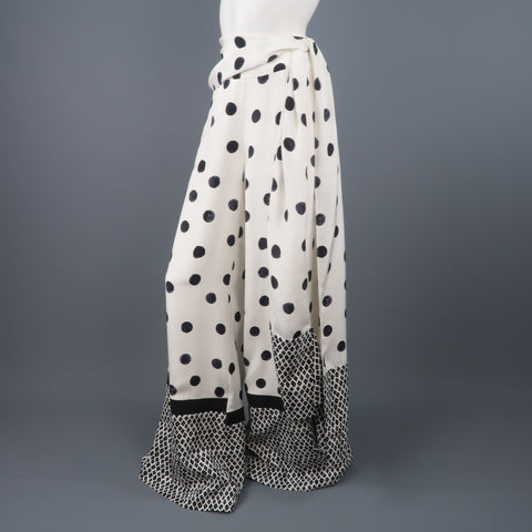 OSCAR DE LA RENTA Size 8 Cream & Black Mixed Print Silk Tie Wide Leg Dress Pants