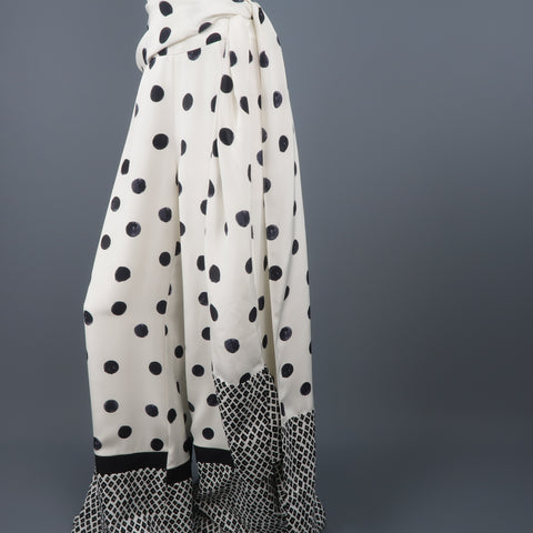 OSCAR DE LA RENTA Size 8 Cream & Black Mixed Print Silk Tie Wide Leg Dress Pants