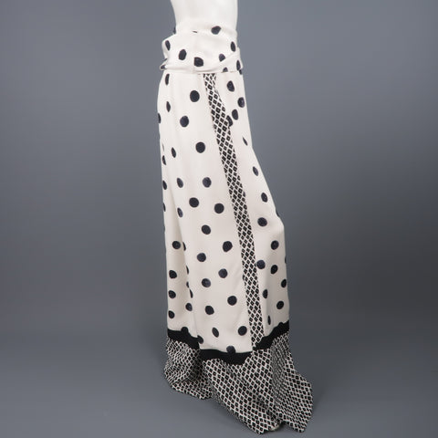 OSCAR DE LA RENTA Size 8 Cream & Black Mixed Print Silk Tie Wide Leg Dress Pants