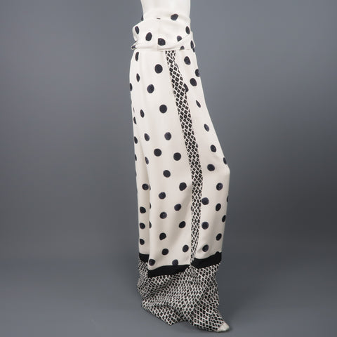 OSCAR DE LA RENTA Size 8 Cream & Black Mixed Print Silk Tie Wide Leg Dress Pants