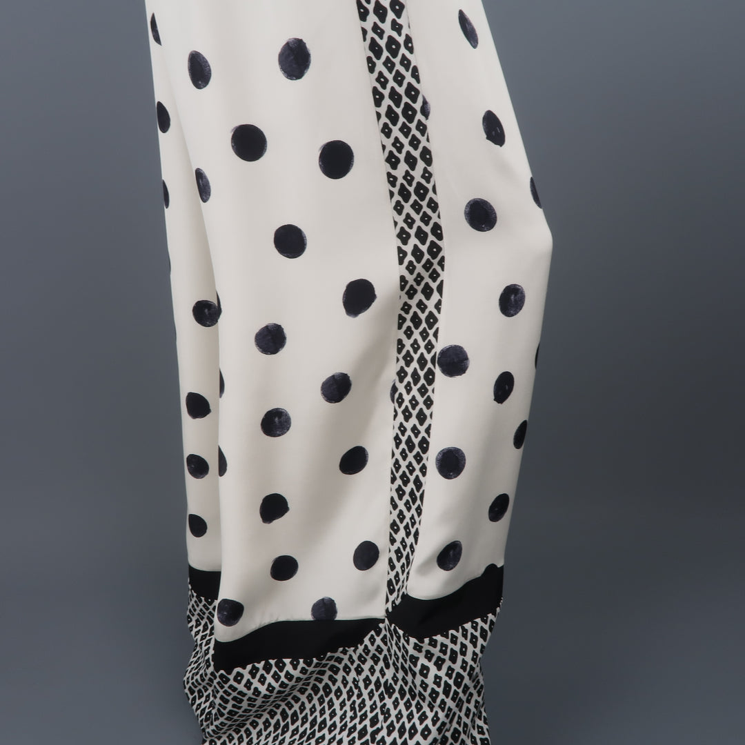 OSCAR DE LA RENTA Size 8 Cream & Black Mixed Print Silk Tie Wide Leg Dress Pants