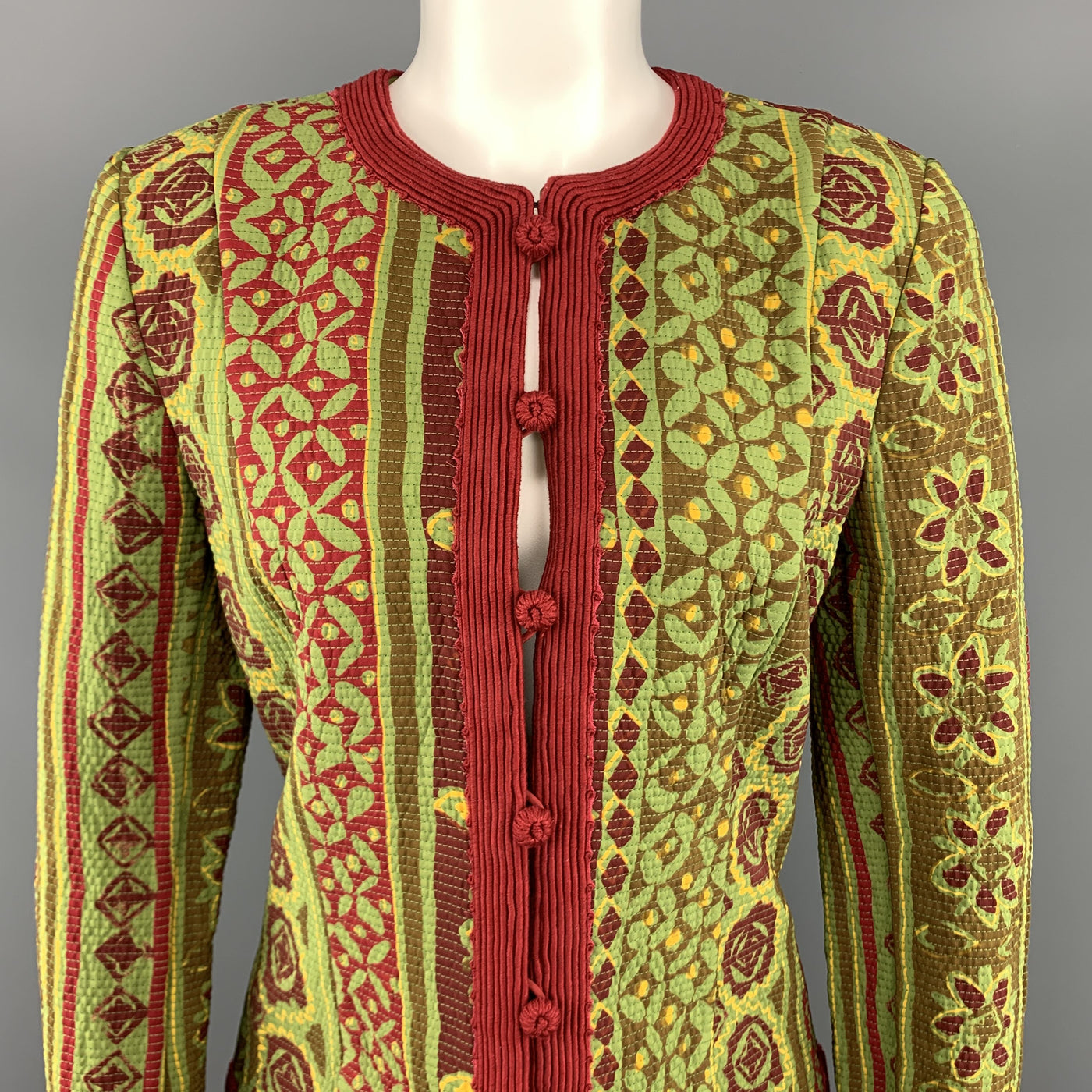 OSCAR DE LA RENTA Size 8 Green & Red Floral Collarless Jacket