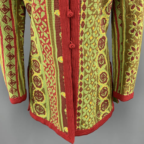 OSCAR DE LA RENTA Size 8 Green & Red Floral Collarless Jacket