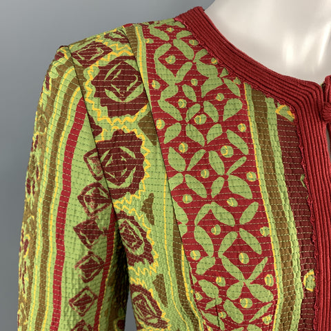 OSCAR DE LA RENTA Size 8 Green & Red Floral Collarless Jacket