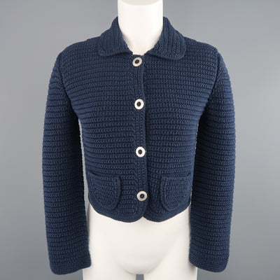 OSCAR DE LA RENTA Size M Blue Cotton Sailor Knit Silver Snap Cropped Jacket
