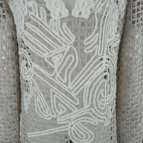 OSCAR DE LA RENTA Size S Taupe & Cream Cotton Crochet Knit Tunic Pullover