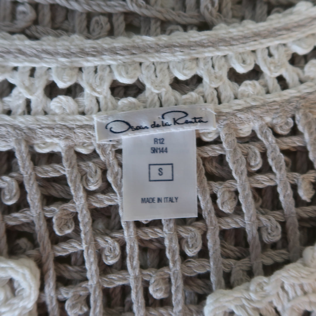 OSCAR DE LA RENTA Size S Taupe & Cream Cotton Crochet Knit Tunic Pullover