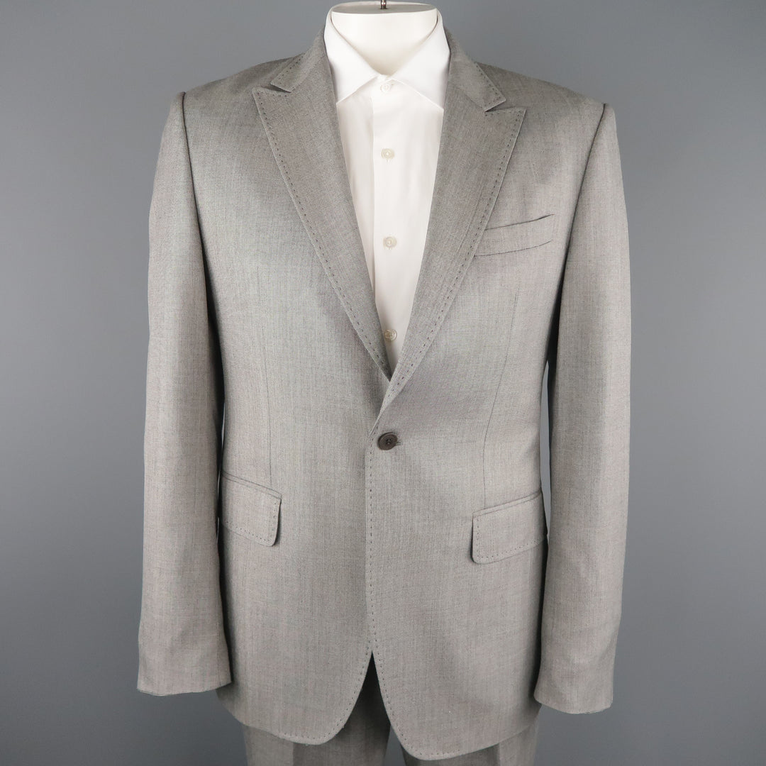 PACO RABANNE 44 Silver Grey Solid Wool Blend Top Stitch Peak Lapel Suit