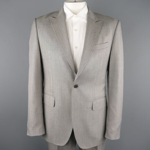 PACO RABANNE 44 Silver Grey Solid Wool Blend Top Stitch Peak Lapel Suit