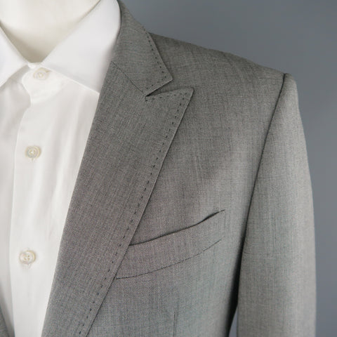 PACO RABANNE 44 Silver Grey Solid Wool Blend Top Stitch Peak Lapel Suit