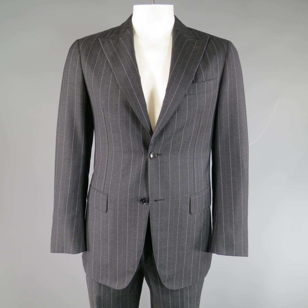 PAL ZILERI 40 Regular Charcoal & Lavender Striped Wool/Cashmere Peak Lapel Suit