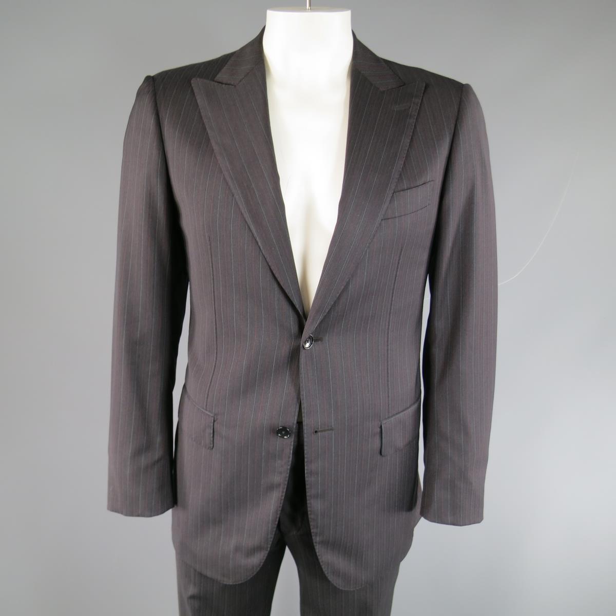 PAL ZILERI 40 Regular Charcoal Red & Burgundy Striped Wool Peak Lapel Suit