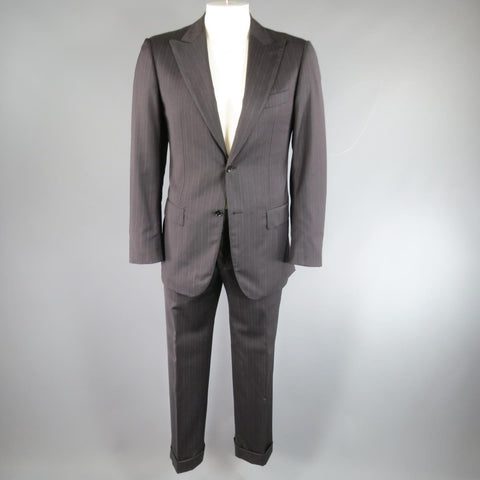 PAL ZILERI 40 Regular Charcoal Red & Burgundy Striped Wool Peak Lapel Suit