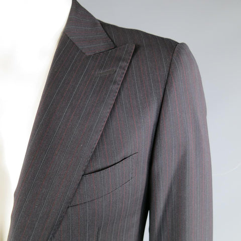PAL ZILERI 40 Regular Charcoal Red & Burgundy Striped Wool Peak Lapel Suit