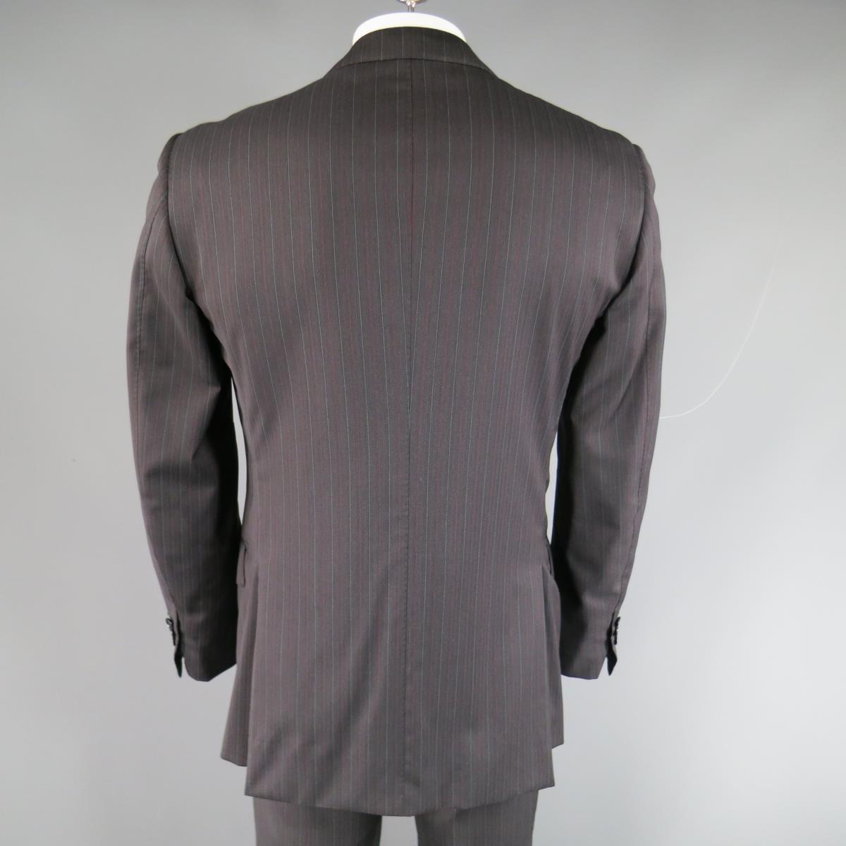 PAL ZILERI 40 Regular Charcoal Red & Burgundy Striped Wool Peak Lapel Suit