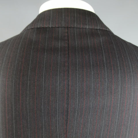 PAL ZILERI 40 Regular Charcoal Red & Burgundy Striped Wool Peak Lapel Suit