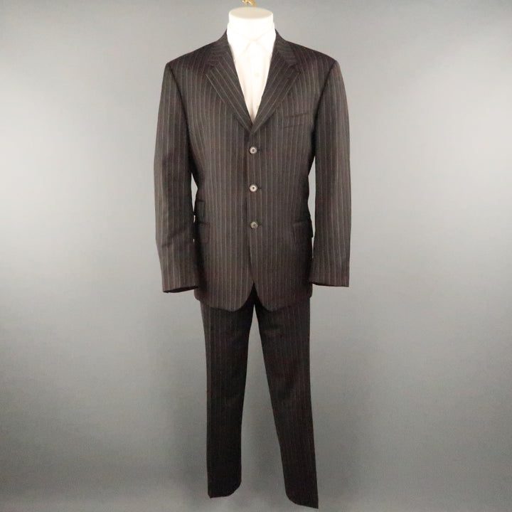 PAUL SMITH Chest Size 44 Black Stripe Wool Notch Lapel 34 32 Brown Suit