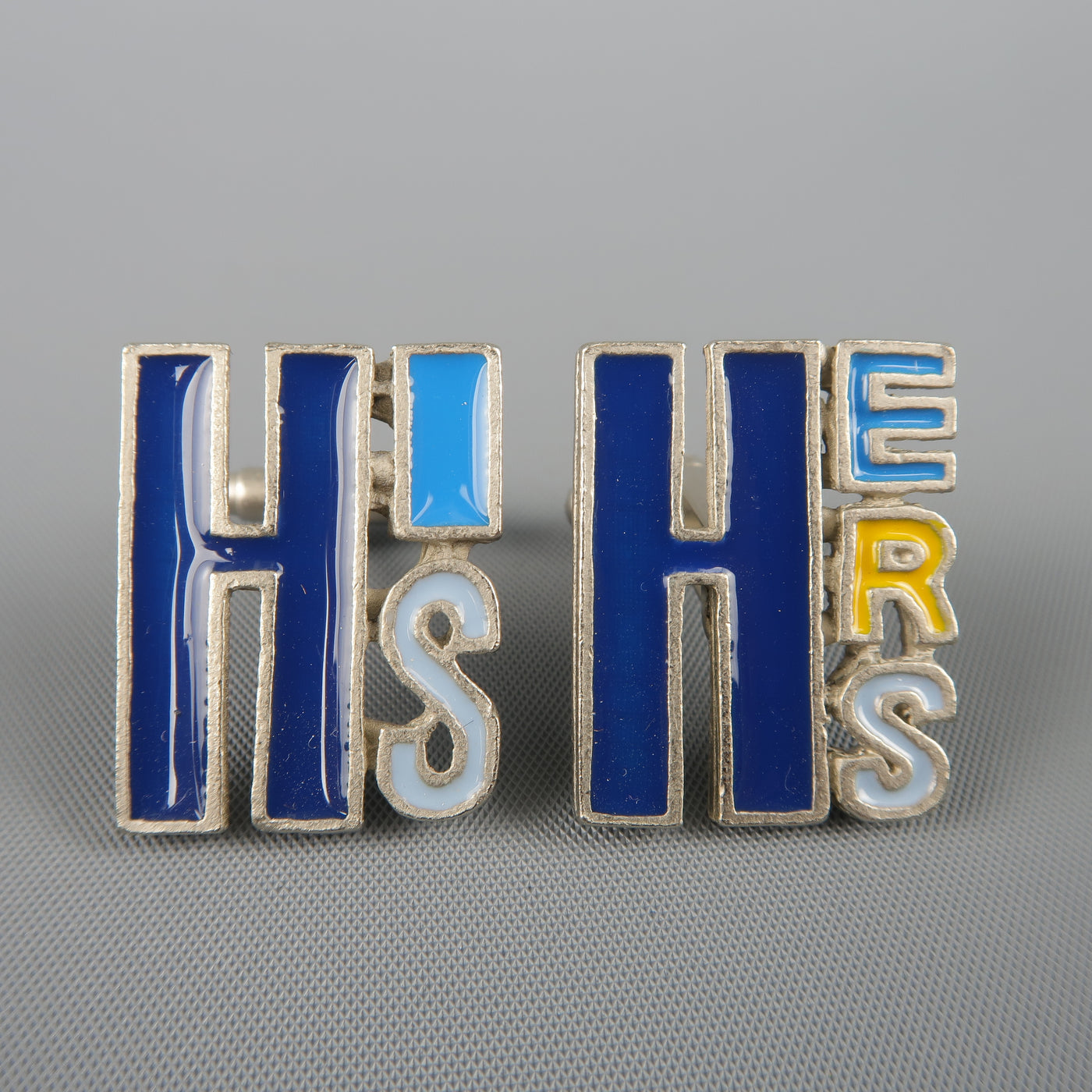 PAUL SMITH Silver Tone Metal Blue & Yellow HIS & HERS Cuff Links