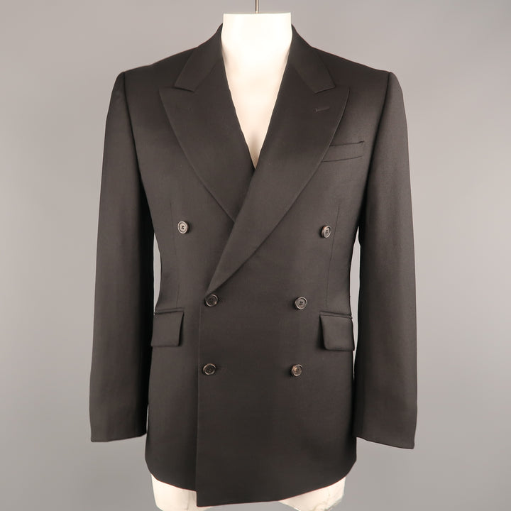 PRADA 42 Black Solid Wool / Mohair Twill Peak Lapel Double Breasted Sport Coat