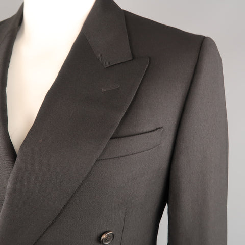 PRADA 42 Black Solid Wool / Mohair Twill Peak Lapel Double Breasted Sport Coat