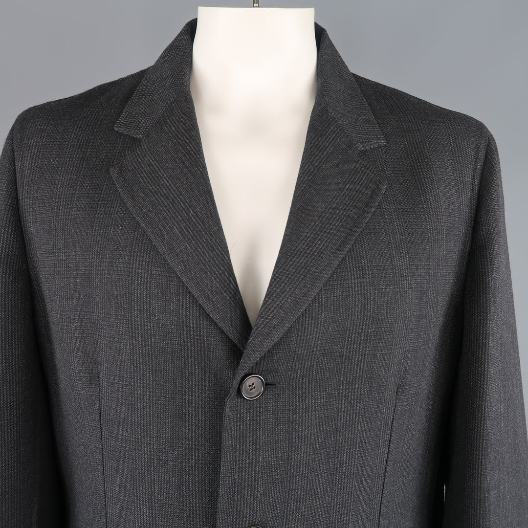 PRADA Size 46 Charcoal Glenplaid Wool Notch Lapel Coat