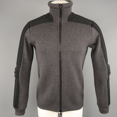 Veste PRADA S en Laine Tricotée Grise Col Montant Manches Motard Matelassées Noires