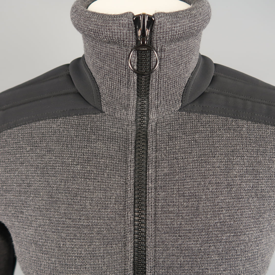 PRADA S Gray Wool Knit High Collar Black Padded Moto Sleeve Jacket