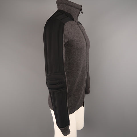 PRADA S Gray Wool Knit High Collar Black Padded Moto Sleeve Jacket