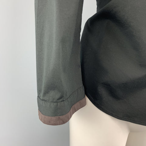 PRADA Size 10 Black Stretch Cotton Brown Trim Blouse