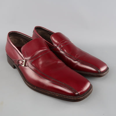 PRADA Size 11 Burgundy Solid Leather Square Toe Buckle Slip On Loafers