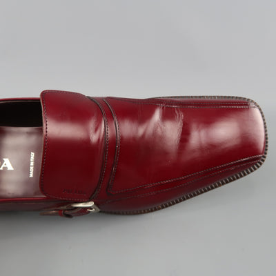 PRADA Size 11 Burgundy Solid Leather Square Toe Buckle Slip On Loafers