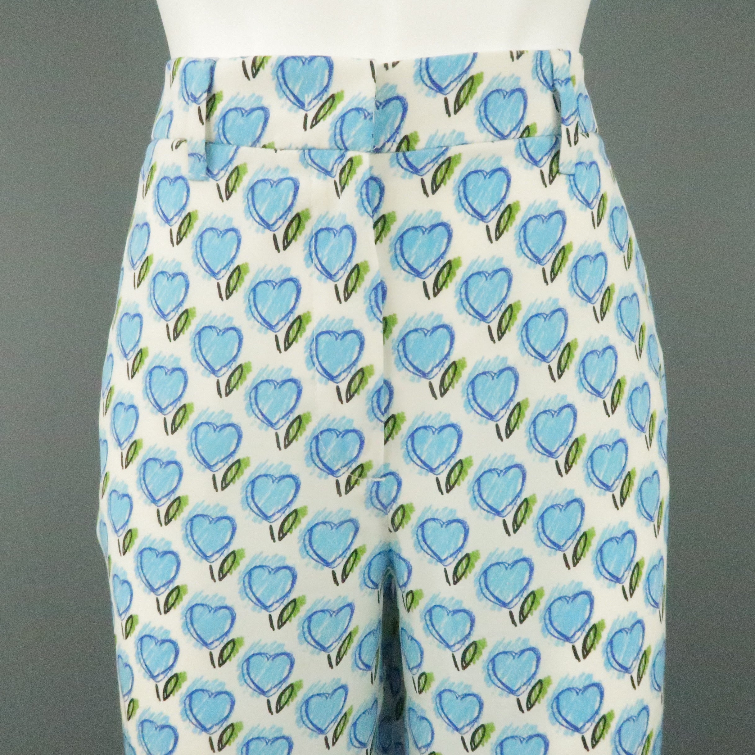 PRADA Size 2 White & Blue Silk Heart Print Casual Pants