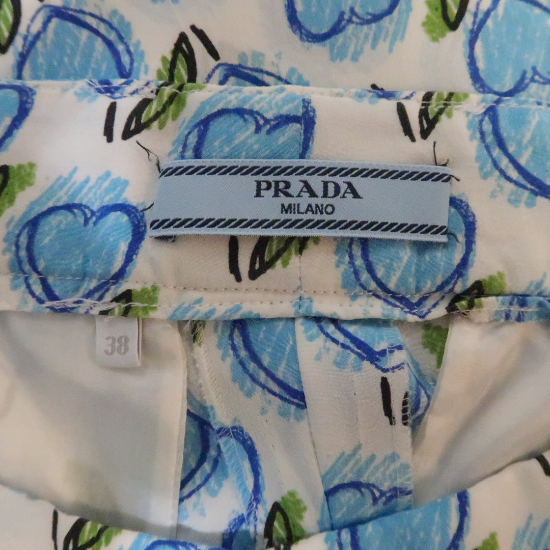 PRADA Taille 2 Pantalon décontracté à imprimé coeur en soie blanc et bleu