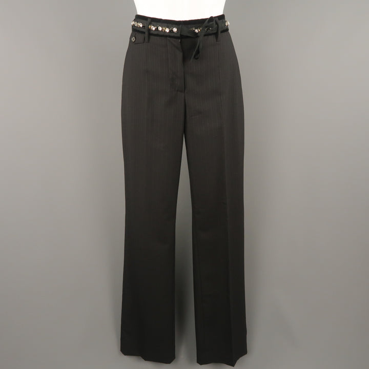 PRADA Size 4 Black Striped Virgin Wool  Rhinestone Waistband Dress Pants