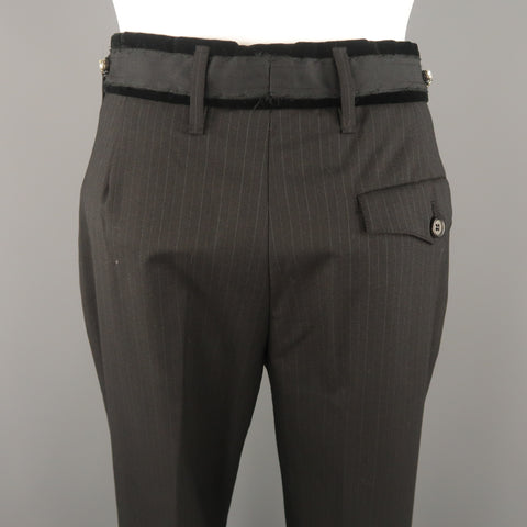 PRADA Size 4 Black Striped Virgin Wool  Rhinestone Waistband Dress Pants