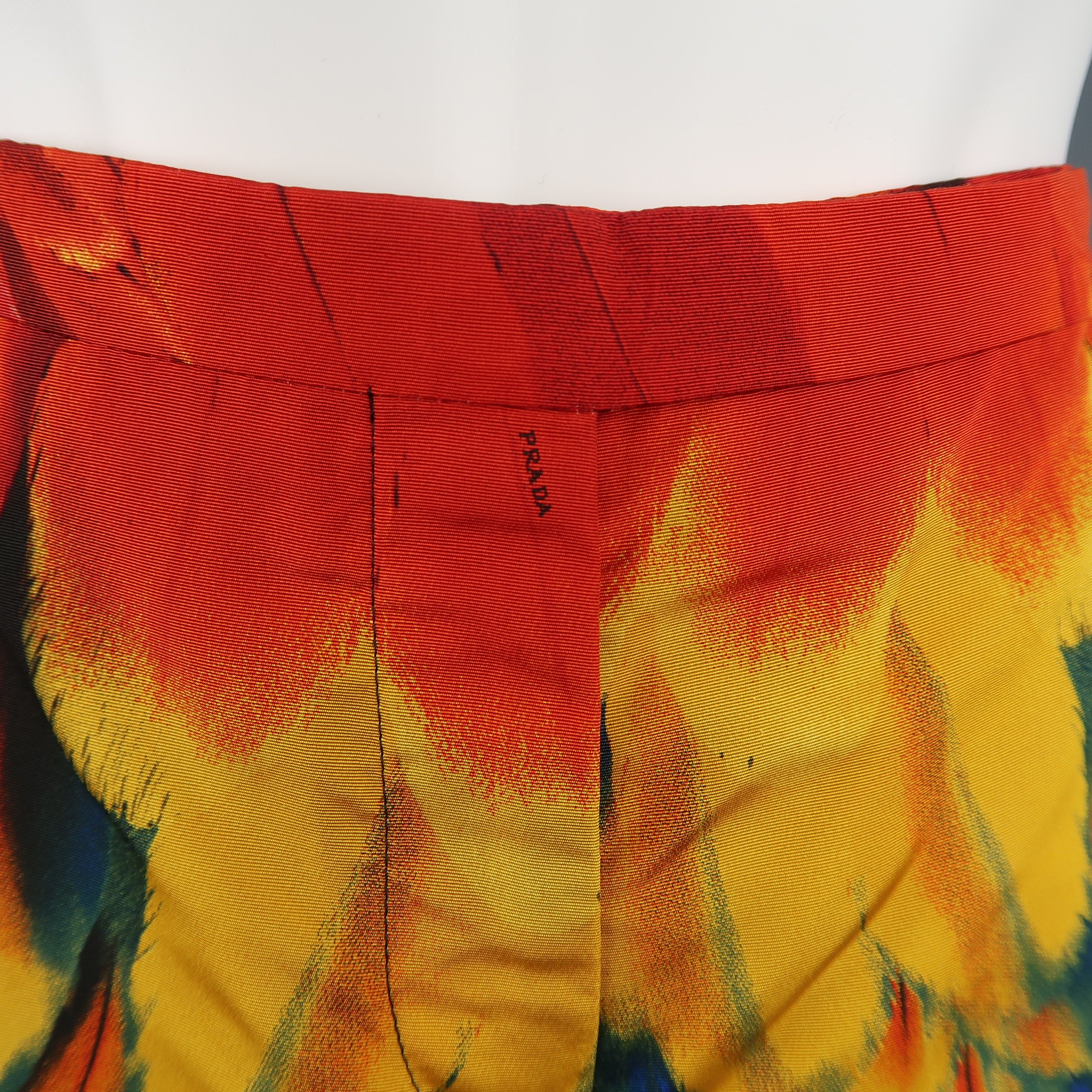 PRADA Size 4 Blue Red & Yellow Parrot Feather Print Silk