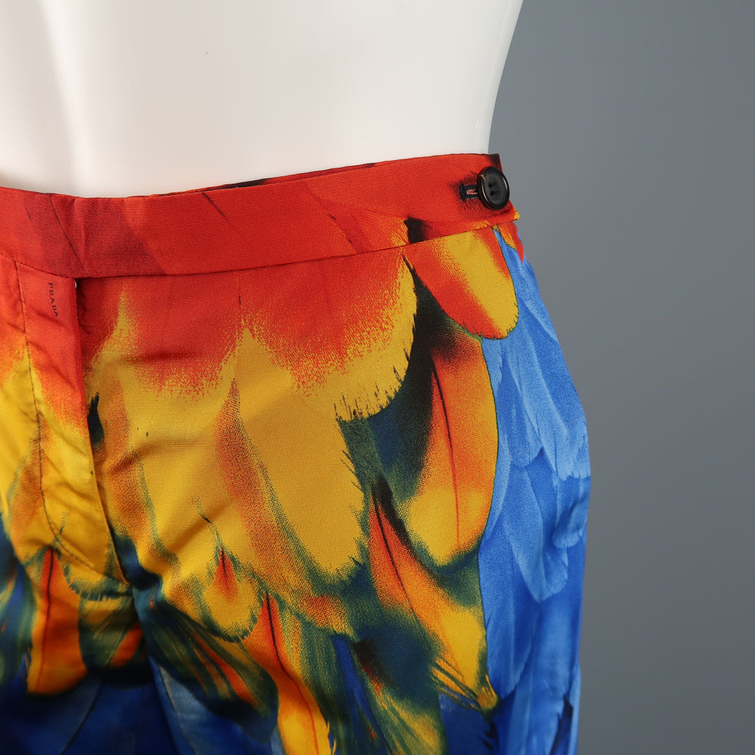 PRADA Size 4 Blue Red & Yellow Parrot Feather Print Silk Faille Dress Pants