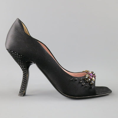 PRADA Size 6 Black Silk Purple Crystal Peep Toe Curved Stud Heel Pumps